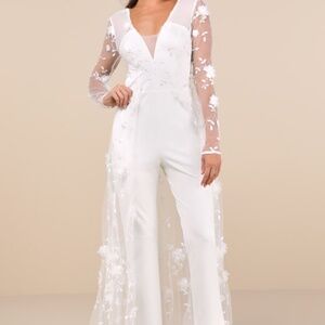 Lulus Immaculate Favorite White Mesh Embroidered Cape Jumpsuit - Size XL